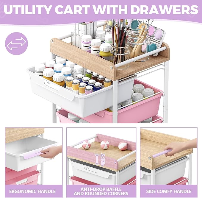 SYKIARIOL Rolling Storage Utility Cart with 5 Drawers,Craft Cart with Wheels,Makeup Organizer,Art Supply and Storage Wooden Tabletop,Purple