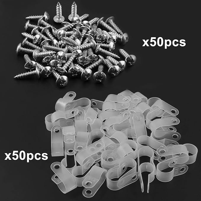 Bonsicoky 50Pcs 3/8 Inch Rope Light P-Style Clips with Screws, Cable Clip Wire Clamp Cable Organizer Cord Holder for Wire Management