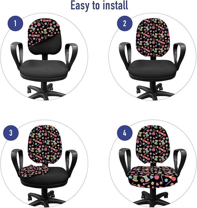 Ambesonne Hobby Office Chair Slipcover, Colorful Sewing Tools on The Dark Background Handicraft Needlework Knit Theme, Decorative Stretch and Washable Fabric Cover, Standard Size, Multicolor Pink