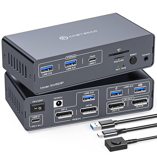 KVM Docking Station 4K120Hz USB C KVM Switch 2 Monitors 2 Computers with 100W PD Supply Displayport Dual Monitor KVM-Switches for Laptop and Desktop Share 14-in-1 Dock