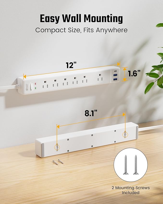 20Ft Long Extension Cord, SUPERDANNY Flat Plug Surge Protector Power Strip 20 Feet, 6 Outlets & 3 USB Ports, Wall Mountable Power Bar for Home Office, Dorm Room