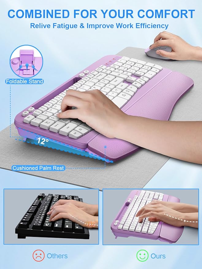 Wireless Keyboard and Mouse Combo, Wave Keys Computer Ergonomic Keyboard with Cushioned Plam Rest, Phone Holder, 2.4GHz Silent 6 Button Wireless Mouse Set for Laptop, PC, Windows, Mac (Purple)