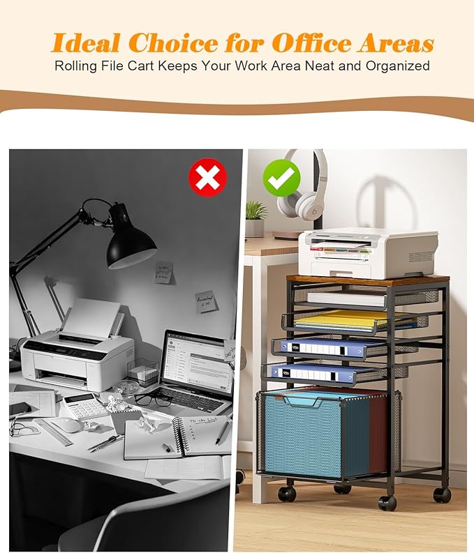 Feyejade Rolling File Cart 5-Tier, Under Desk Storage with Drawers, Filing Cabinet for Letter-Size File Storage, Sliding Metal Mesh Trays for Binder Storage, Office Storage & Organization for Teachers
