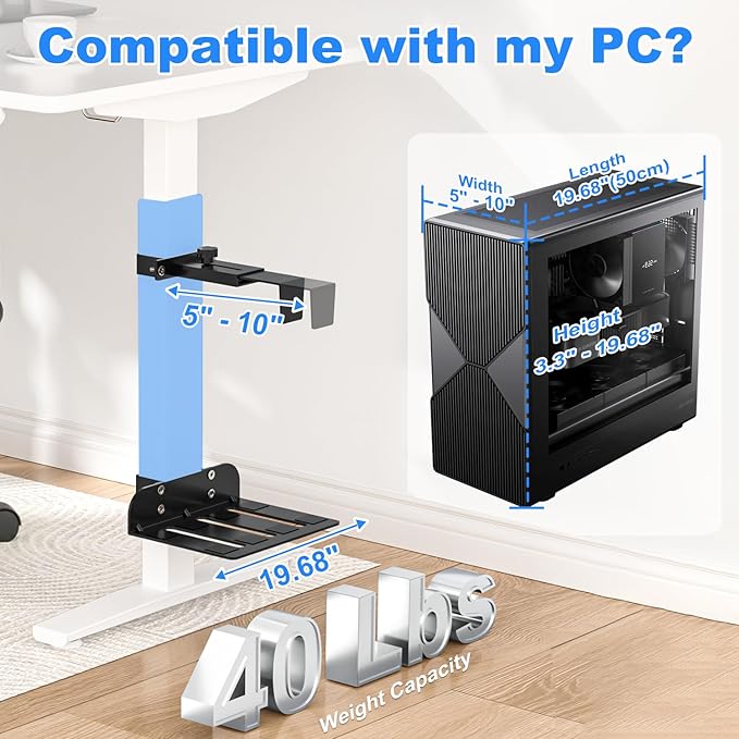 Under Desk PC Mount - No Drilling 40 lb Capacity, Fits 3 Fixed Desk Leg Sizes, CPU Holder Under Desk, Adjustable Clamp-on Desk Leg PC Mount for Standing Desk, with Non-Slip Pads, Black
