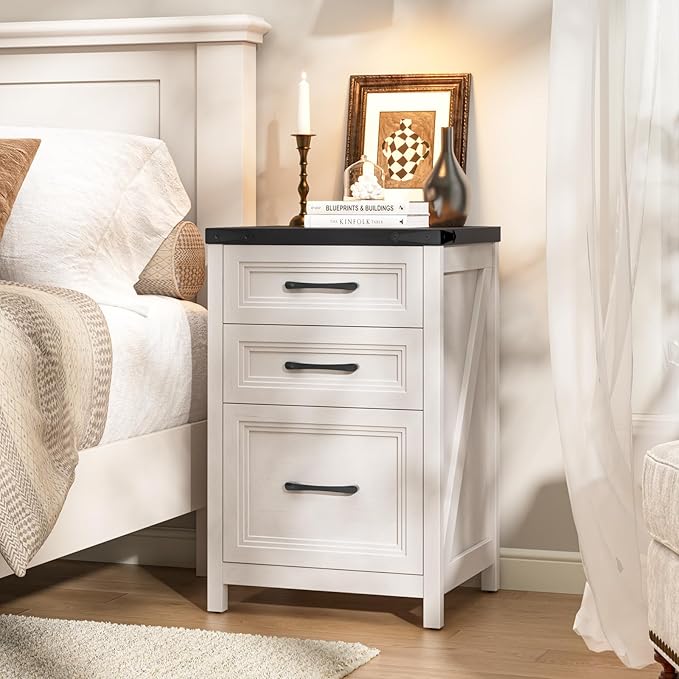 Vabches 3 Drawer Vertical File Cabinet, Wood Farmhouse Filing Cabinet Fits A4/Letter Size, Under Desk Small File Cabinets Printer Stand with Storage for Home Office, White and Black