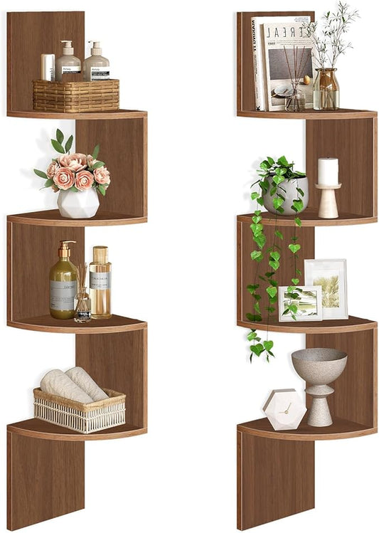 HOOBRO Corner Shelf Wall-Mounted, Set of 2 Floating Corner Shelves for Wall, 4-Tier Corner Bookshelves for Living Room, Bedroom, Bathroom, Home Office, Walnut WL25BJP201