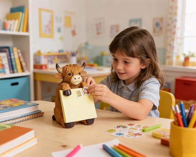 Highland Cow Pop-up Sticky Note Dispenser, Includes 1 Pad of 3x3 in Super Sticky Notes, 100 Sheets, Resin Cute Handmade Desk Holder for Office & Home-Brown