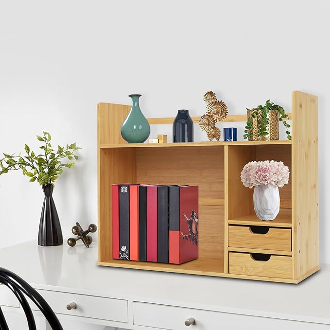 Bamboo Desk Organizer and Shelf Unit, 2-Tier Desktop Bookshelf with 2 Drawers, Sturdy Natural Tabletop Storage for Office Home Students, Space Saver, 22.83 * 18.11in, Holds 110lbs