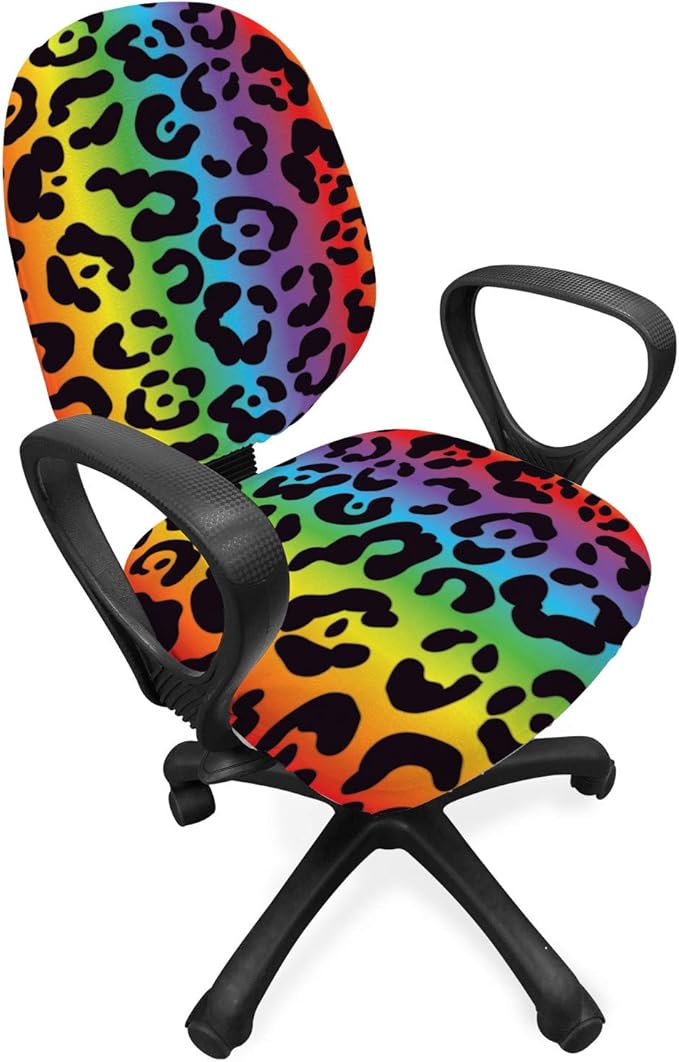 Ambesonne Leopard Print Office Chair Slipcover, Modernized Panther Leo Skin Wild Big Cats in Gradient Rainbow Tones Print, Protective Stretch Decorative Fabric Cover, Standard Size, Purple Black