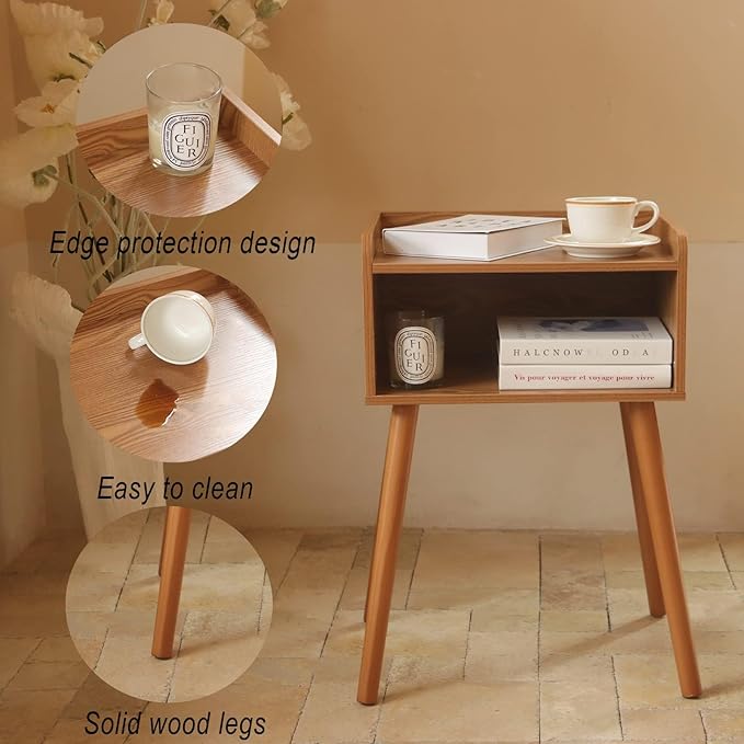 MaxSmeo Nightstands Set of 2, Mid Century Modern Side Table Bedroom with Storage, Small End Bedside Table Set of 2 with Solid Wood Legs for Living Room, Office Small Spaces (Brown)