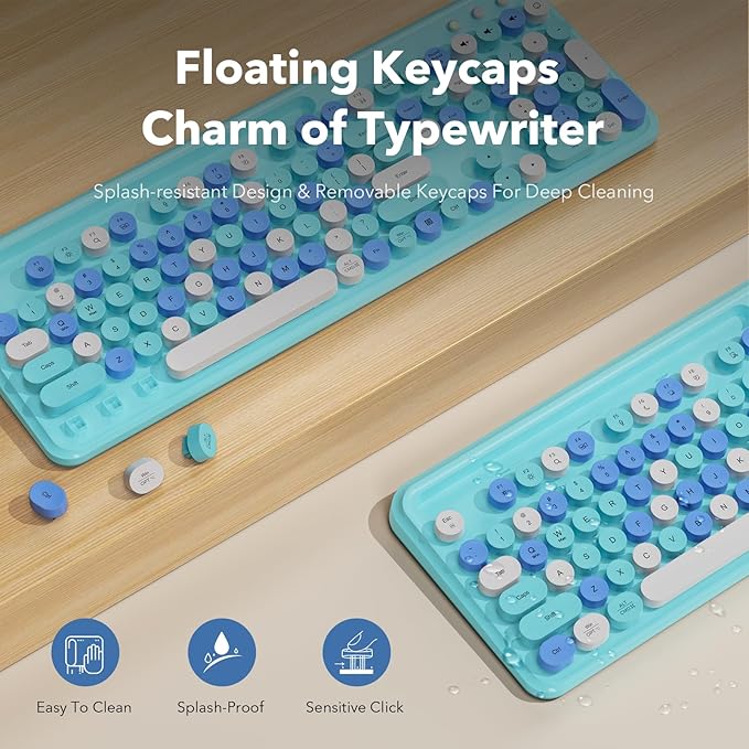 Wireless Keyboard and Mouse Combo, Retro Round Keycaps, Full-Size Cute Typewriter Keyboard with Large Phone/Tablet Holder, Auto-Sleep, 2.4GHz Cordless Connection for Windows/PC/Laptop (Sky Blue)