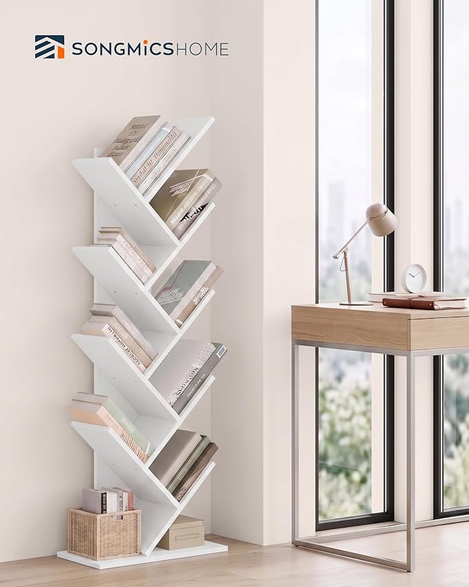 SONGMICS HOME 9 Tier Tree Bookshelf, Bookcase, Small Corner Shelf, Space Saving Book Tree for Home Office, Bedroom, Living Room, White