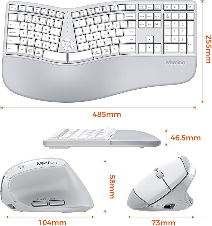 MEETION Ergonomic Keyboard and Mouse, Wireless Keyboard with Vertical Mouse, Split Curved Keyboard with Wrist Rest, Natural Typing Rechargeable Full Size, Windows/Mac/Computer/Laptop, Gray