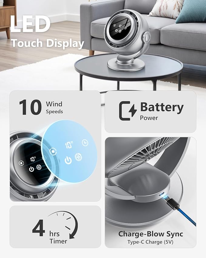 Desk Fan for Office, 90°Oscillating Fan with 6000mAh Rechargeable, 10 Speeds 4H Timer 270°Tilt Adjustment, 28dB Ultra-Quiet Portable Personal Table Fans, Gifts for Christmas Women Men Home
