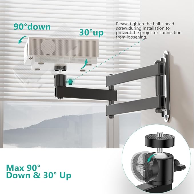 WALI Mini Foldable Projector Wall Mount with 360° Rotating Gimbal, Fully Adjustable Wall/Ceiling Mount Bracket for 1/4" M4 M6 Screw Projectors, Small Projector Holder up to 4.4lbs (1330LM-PM), Black