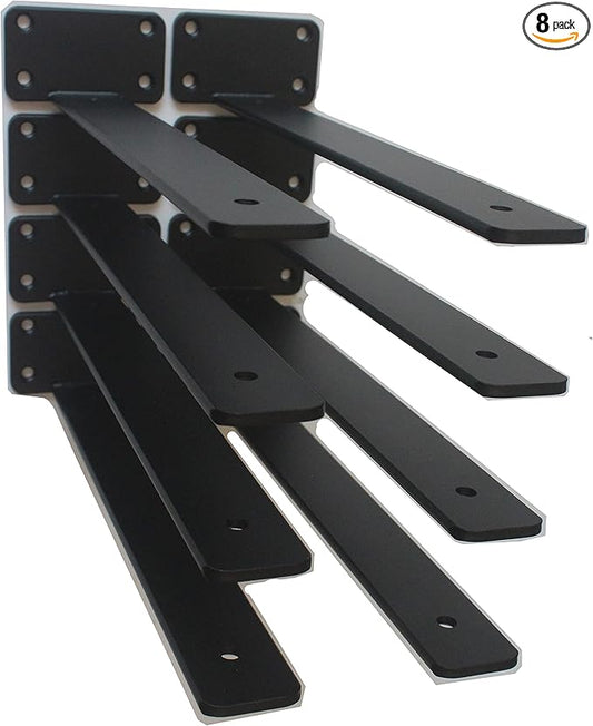 8 Pack - 12 inch Black Hidden L Shelf Bracket (1/5 Inch Thicked) Iron Floating Shelf Brackets Rustic Industrial Metal Brackets for Shelf Support