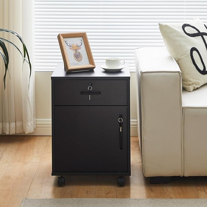 OFCASA 2 Drawer File Cabinet with Lock, Small Rolling Filing Cabinets for Home Office, Wood Under Desk File Cabinet with Wheels, Mobile Storage Organizer, Printer Stand for Letter/Legal, Black