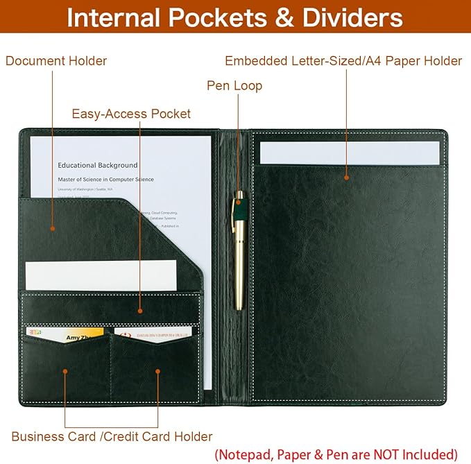 Padfolio Portfolio Binder, Faux Leather Folder, Resume Interview Legal Document Organizer, Letter Sized Writing Pad w/Business Card Holder, A4 Professional Folio for Office Conference (Green)