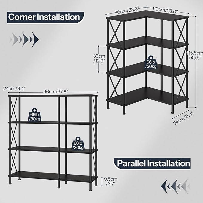 HOOBRO Corner Bookshelf, 4-Tier L-Shaped Bookcase, Industrial Open Display Shelf Tall Storage Organizer, Vertical Storage Rack, for Living Room, Home Office, Black BB59SJ01