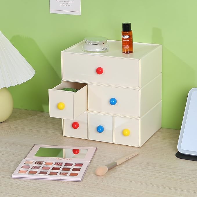Desktop Storage Drawers, Plastic Desk Organizer with 1 Large Drawer, Modular Stackable Toolbox Units for Office Stationary, Makeup Container, Bathroom Countertop (1 Tall Layer, Cream)