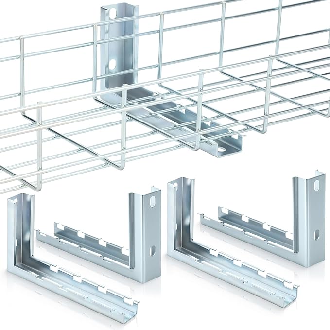 Zonon 4pcs 8” L Type Bracket Wire Mesh Cable Tray L-Shaped Wall Bracket Zinc Plated Wire Mesh Tray Cable Management Rack Cords Organizer Cable