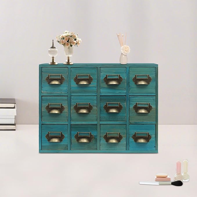 12 Drawer Drawers Storage Cabinet, Wooden Medicine Cabinet Desktop Drawer Organizer Herb Storage Box with Solid Wood Build & No Assembly for organize spices medicines jewelry cosmetics(Blue)