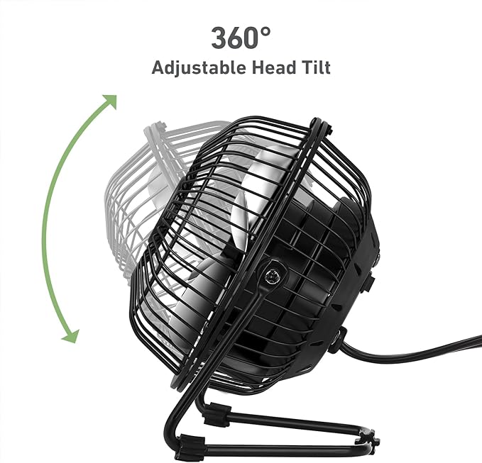 HOLMES 4" Mini High-Velocity Personal Desk Fan, 4 Blades, Adjustable 360° Head Tilt, Durable Metal Construction, Single Speed, Ideal for Home, Dorm Rooms, Bedrooms, or Offices, Black
