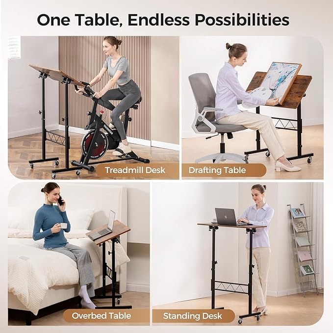 COMHOMA Standing Desk Adjustable Height & Tiltable Tabletop, Portable Stand Up Desk for Laptop, Mobile Folding Desk for Home Office Work and Walking Pad Treadmill, Height 30.7"-46.4", Brown