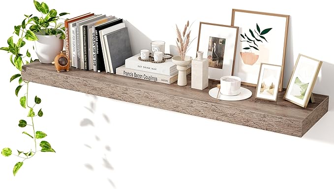 Axeman 48Inch Floating Shelves for Wall, Rustic Wood Shelves for Bedroom, Bathroom, Kitchen, Hanging Wall Mounted Shelf with Invisible Brackets for Books Decor, Set of 1, Grey