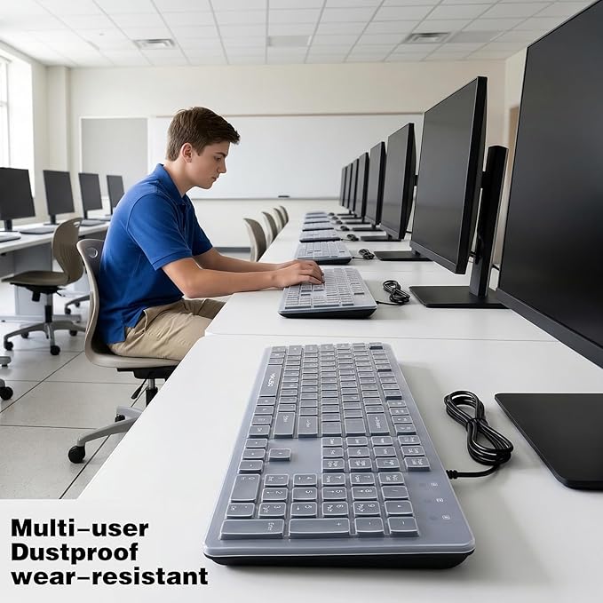 Spill Proof Keyboard with Cover, Wired Keyboard 104 Keys Full Size, Laser Etched Non Fading Keycaps, Easy Clean Computer Keyboard with Number Pad for Office Desktop PC, 1.6m USB Cable- Black