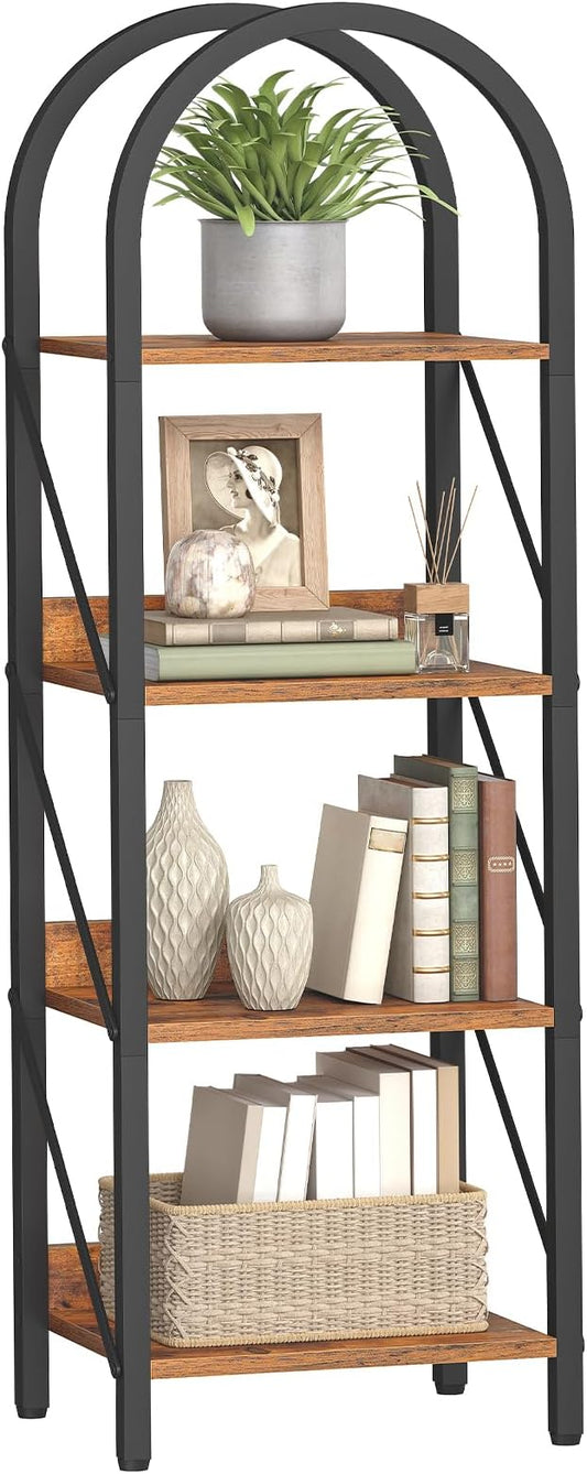 HOOBRO Bookshelf, 4-Tier Arched Bookshelf, Industrial Bookcase with Metal Frame, Small Book Shelf Storage Organizer for Living Room, Office, Bedroom, Rustic Brown and Black BF424SJ01