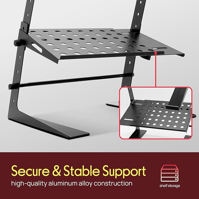 Pyle Adjustable DJ Laptop Stand with Two-Tier Storage Shelf – Portable Table for Laptop, CD Player, DJ Controller, EFX/Lighting Gear, 4 Heights, Durable, 8 lb Capacity