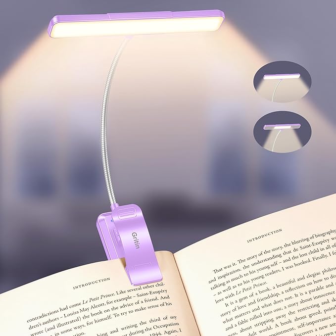 Gritin 2026 Gen 2 Book Light for Reading- 32 Eye Caring Full Spectrum LED, 5 Colors & 5 Brightness, Adjustable Wide/Narrow Beam, Upgrade 1500mAh Long-Lasting Clip on Light for Book Lovers-Purple