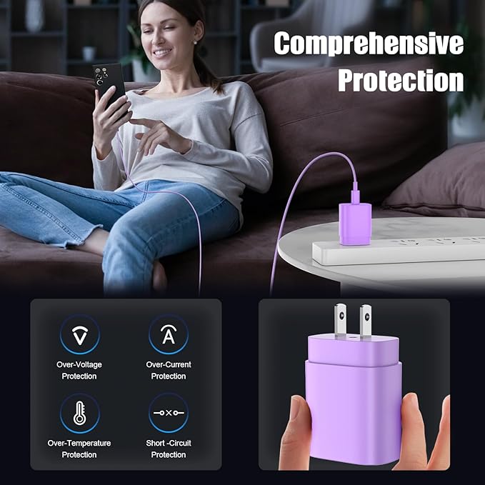 Essri Type C Charger Fast Charging for Samsung Galaxy S25/S24/S23/S22/Note 20,4Pack 25W Super USB C Fast Charger Block with (6ft+10ft) x2 Cables for iPhone 15/16 Pro Max/Plus, Android Phones-Purple
