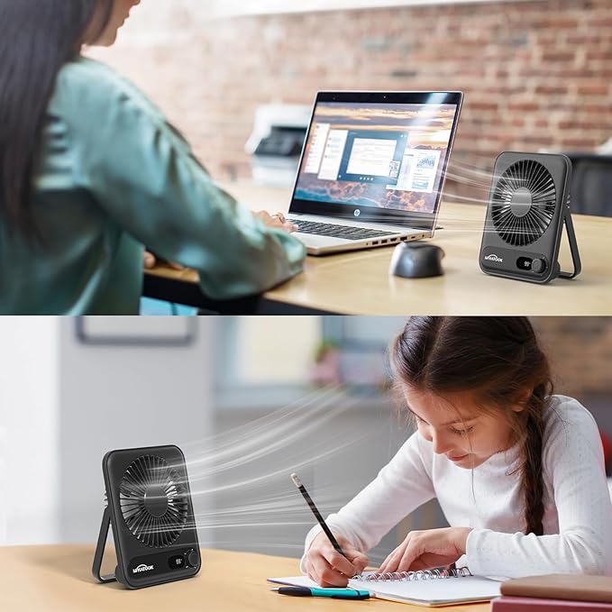 WHATOOK Small Desk Fan Personal Fans: 5000mah 25 Hours Battery Office Quiet Mini Desktop Fan Portable Rechargeable Travel Essentials (Black, 2000 mAh)