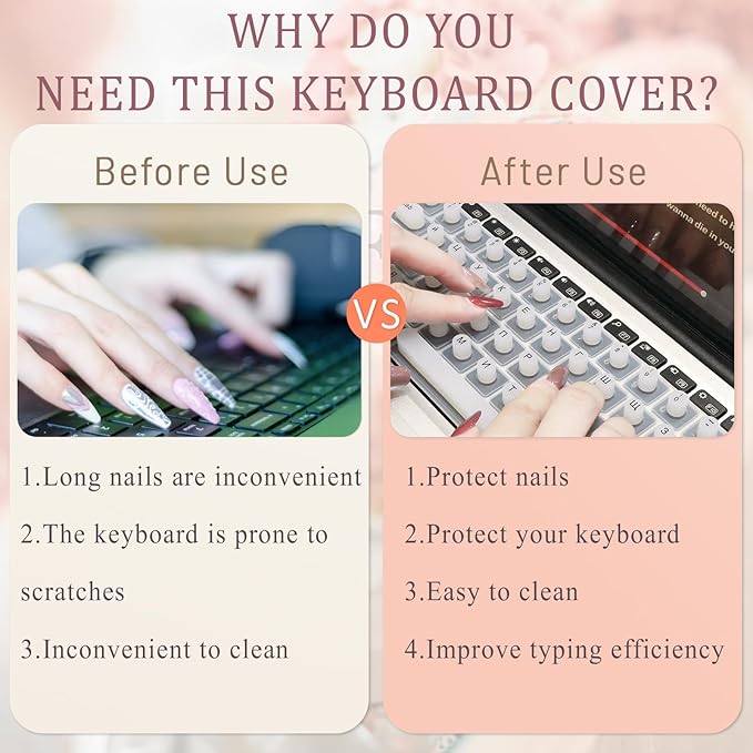 Keyboard Cover for Long Nails, Acrylic Gel Nails - Silicone Keyboard Protector Skin with Raised Keys for Typing and Gaming, Compatible with MacBook Pro/Air 13"/14"/15"/16" 2020-2025 (White)
