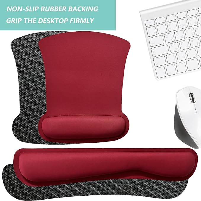 Keyboard Wrist Rest Pad Mouse Pad with Wrist Support Set of 3, Gaming Mousepad with Non-Slip Rubber Base, Ergonomic Memory Foam Mouse Cushion Support for Home Office Laptop Computer, Red