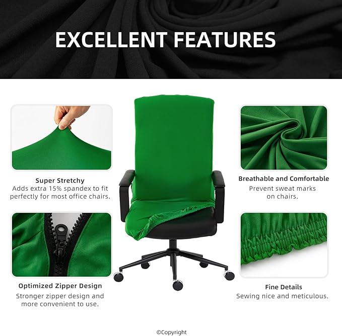 Stretch Computer Office Chair Cover with Durable Zipper - Universal Washable Removable Spandex Rotating Boss Chair Slipcovers - Anti-dust Soft Desk Chair Seat Protector for Dogs, Cats, Pets - Green