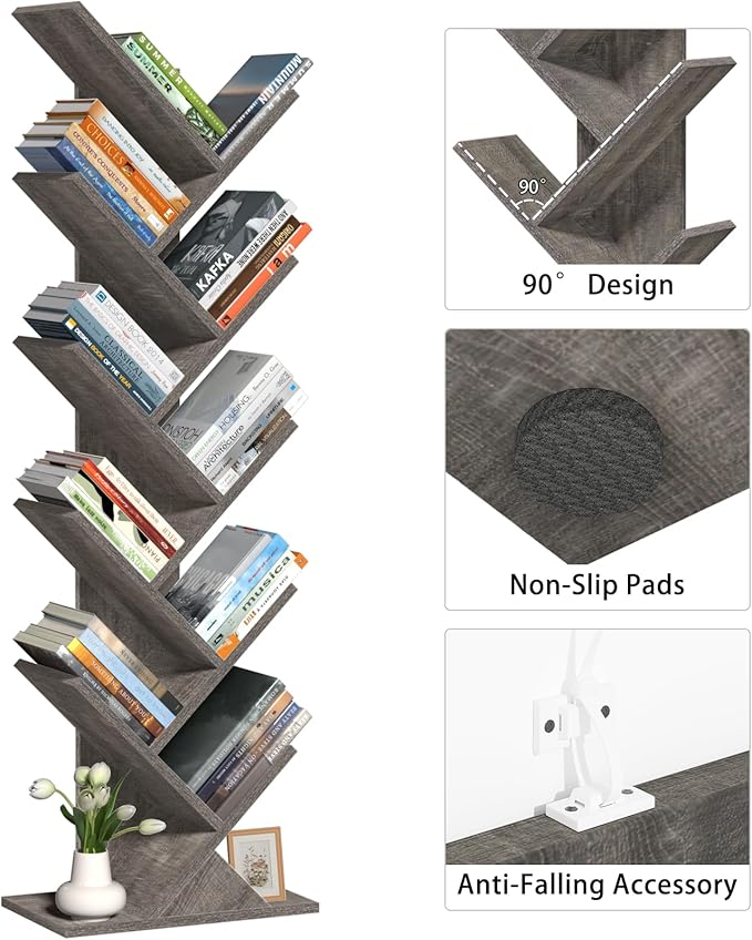 SHEEPAM 10 Tier Tree Book Shelf, Floor Standing Wood Bookshelf for Narrow Space, Storage Organizer Bookshelves for Books/CDs/Magazine, Bookcase with Shelves for Home Office, Living Room - Light Grey