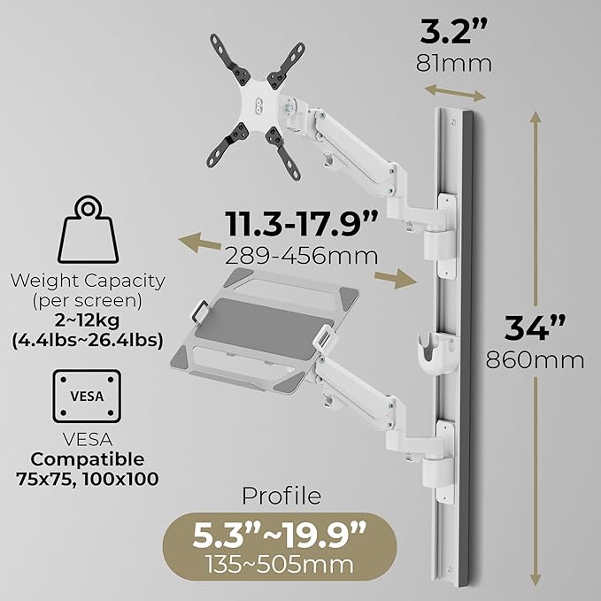 ZeboZap ZLTV8022 Wall Monitor Mount with Keyboard Tray | Fits 17 to 43 Inch | Single Monitor Wall Mount with Laptop Tray | Home Office, Bedside, Healthcare | White | 26.4 lbs