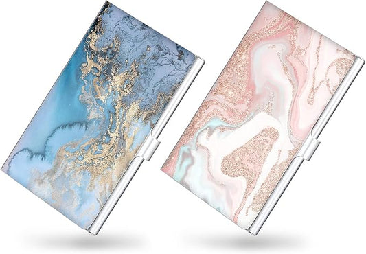 2 Pack Business Card Holder，Color Printing Men's and Women's Business Card Case，Ultra-Thin Metal Business Card Organizer，Carry-on Pocket Wallet Business Card Holder