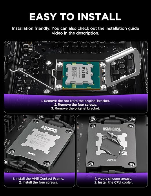 AsiaHorse AM5 CPU Contact Frame, 100% Flush Anti-Bending Secure Frame, High-Strength Metal Construction for AMD AM5 Motherboards (X670/B650), Enhances Cooling Efficiency, Includes 4 Screws &Hex Wrench