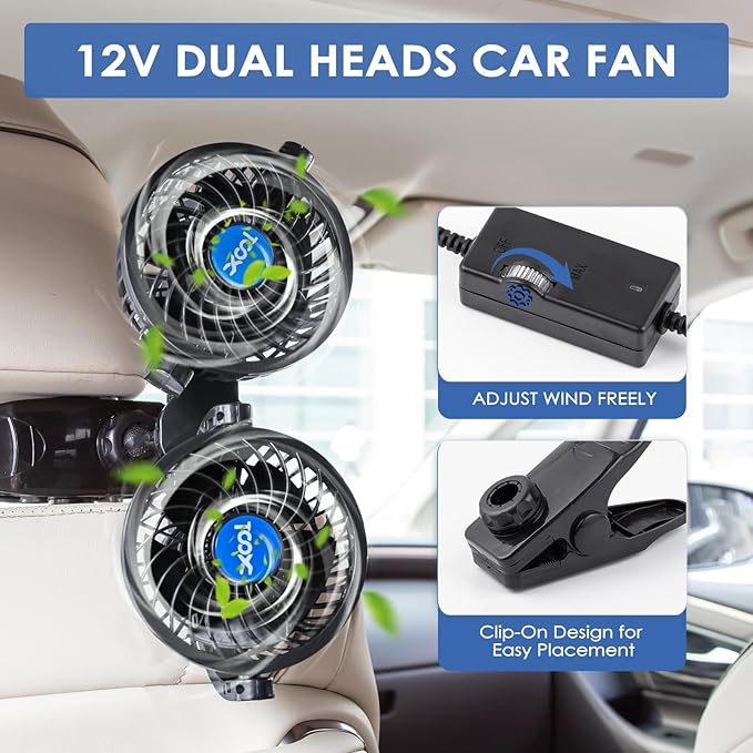 XOOL Clip Car Fan, Adjustable Dual Head 4 Inches 12V Fan for Front/Rear Seat Passenger, 360° Rotatable Electric Car Cooling Fans with Stepless Speed Regulation for SUV, RV, Vehicles