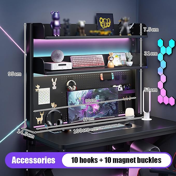 2/3 Tier Clamp On Desk Organizer Shelf,Clamp-on Above Desktop Storage Shelf Adjustable Clip On Shelving Unit Storage Tray with Perforated Board and Hooks, Black