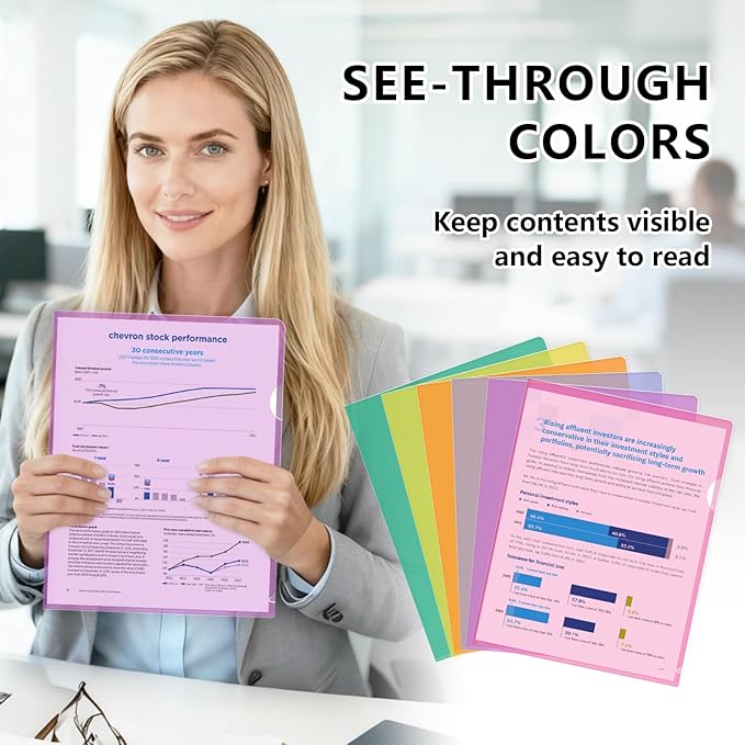HOUYEE 30 Pack Clear Document Folders, L-Type Plastic File Folder Sleeves, Project Folders Paper Sheet Protectors for 8.5" x 11" Letter Size, for Home, Office, and School Use (6 Assorted Colors)