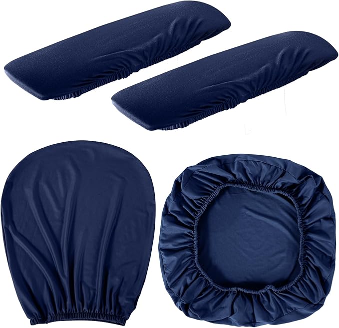 Tallew 4 Pcs Office Chair Covers Set Computer Universal Protective Stretchable Chair Seat Covers Desk Armrest Cover Pads Office Cushion Backrest for Rotating(Regular,Navy Blue)