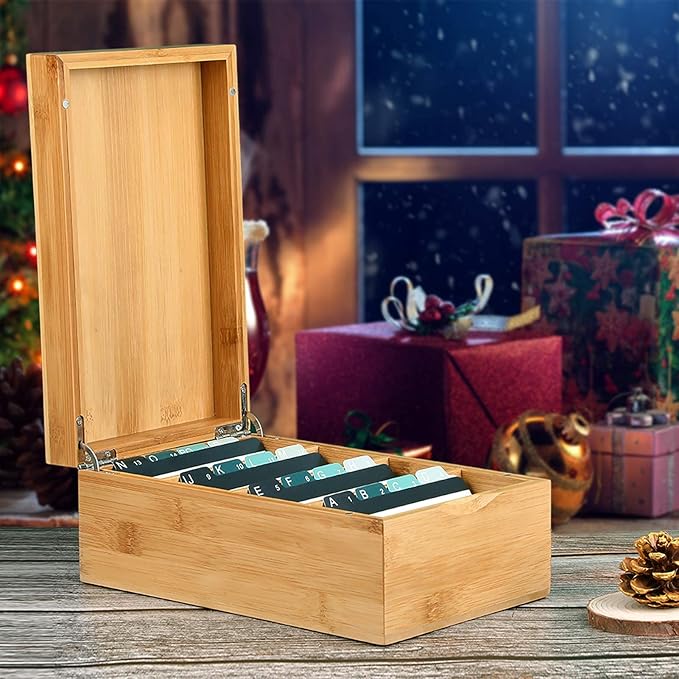 MaxGear Index Card Holder, 3 x 5 Inch Business Card Organizer for Desk with 3 Dividers, Bamboo Index Cards Box with A-Z Tabs Holds 600 Cards for Recipe Flash Storage