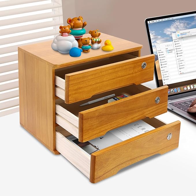 Wood Desk Organizer with 3 Drawers, Lockable Desktop Countertop Storage Cabinet for Home Office Supplies File Tabletop Organizing Unit, 15.75" x 11.02" x 12.2" (Brown)