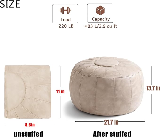 Thgonwid Unstuffed Moroccan Storage Pouf Foot Stool Ottoman Seat Handmade Faux Leather Bean Bag Floor Chair Foot Rest for Living Room, Bedroom or Balcony (Mushroom)