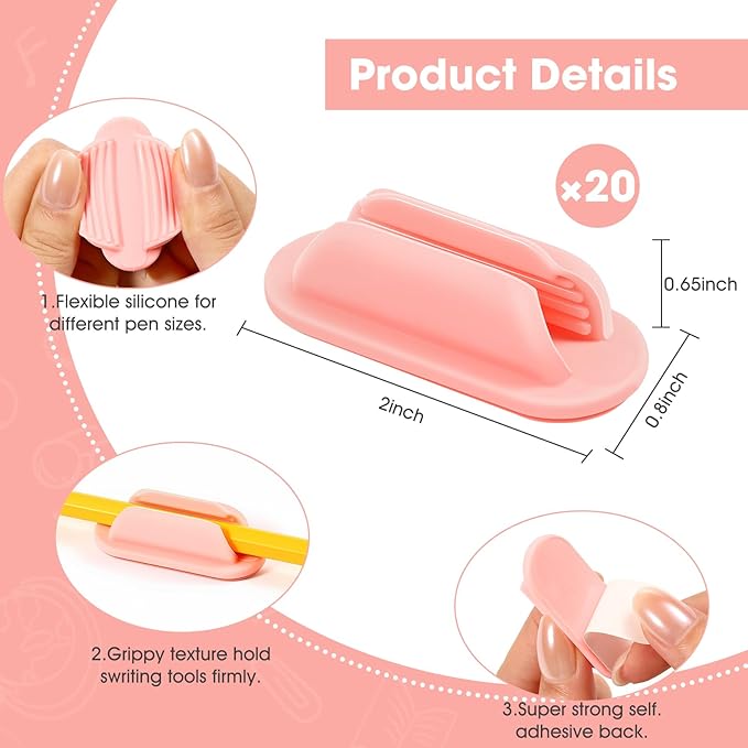 VZZNN 20 PCS Adhesive Pencil Holders for Desk, Silicone Pen Holder for Notebook Wall Clipboard, Durable Pencil Holder for Classroom School Office Home Teacher Student Supplies, Pink
